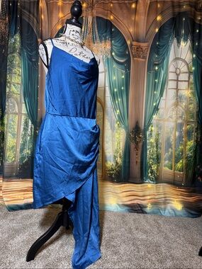 Fashion Royal Blue Scooped Neck Asymmetrical Slip Dress Large